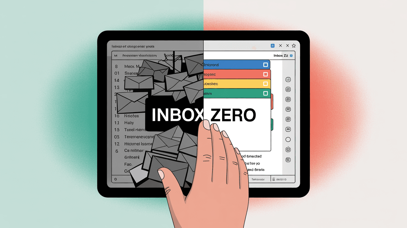 Before and after email inbox transformation showing chaotic emails becoming organized Inbox Zero system